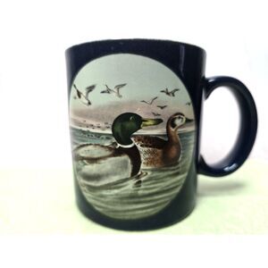Vintage Otagiri Japan Coffee Mug Mallard Ducks Navy Blue Collectible Cup